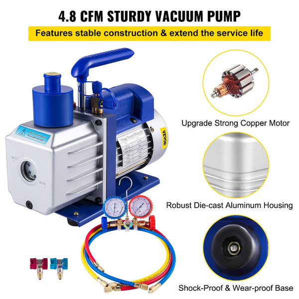 Vevor Vacuum Pump 4.8Cfm 1/3Hp Air Hvac A/C Refrigerant Rotary Vane Single Stage Valve Ac Manifold Gauge Set (4.8Cfm1/3Hp) Other Pumps