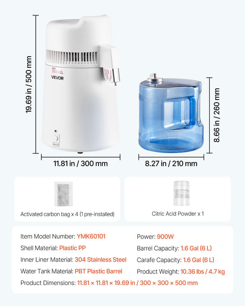 6L Water Distiller Home Countertop Purifier Machine 900W Plastic Container Water Filters