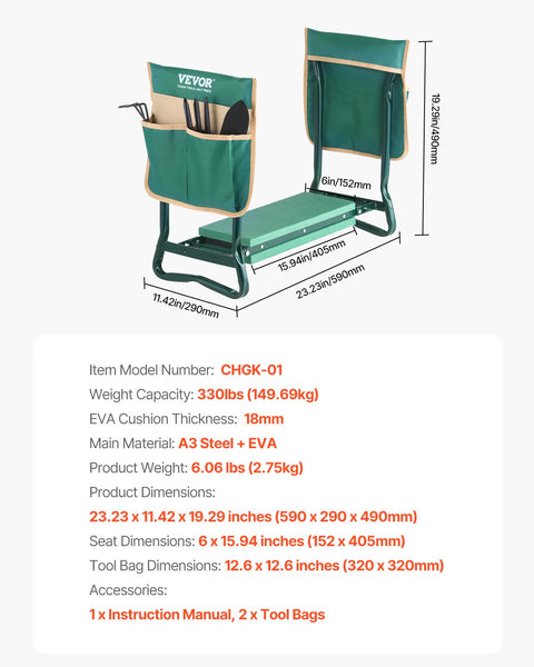 Garden Kneeler And Seat 6 In Wide Kneeling Pad Heavy Duty Stool Folding With 2 Tool Bags Relieve & Back Pain Portable Bench For Women Grandparents Gar