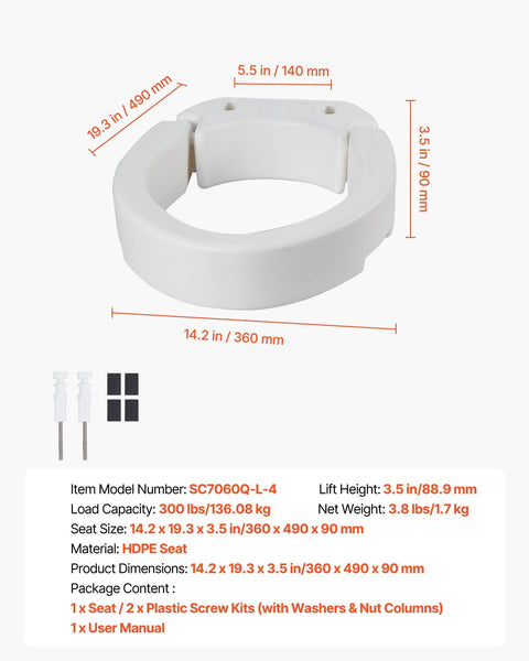 Raised Toilet Seat 136.1 Kg Load Capacity 88.9 Mm Lift Height Commode Elevated Riser With Enlarged Opening For Seniors Elderly Handicap Disabled Adult