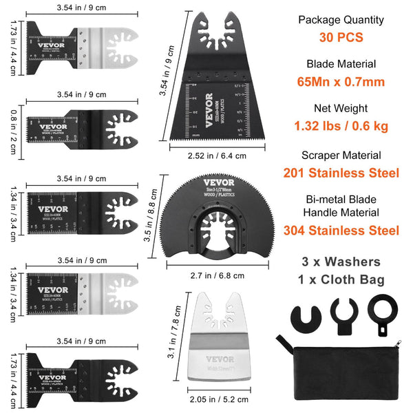 Vevor 30Pcs Multi Tool Blades Kits Universal Quick Release Oscillating Saw 8 Types Wood Metal Plastic Fit Dewalt Bosch Milwaukee Hitachi Chicago Craft