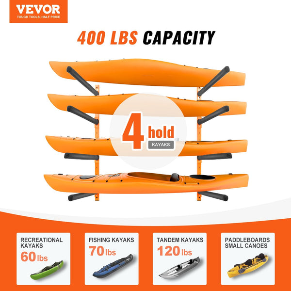 Vevor Wall Mounted Kayak Storage Rack 4 Capacity Adjustable Padded Arms Kayak Storage Racks