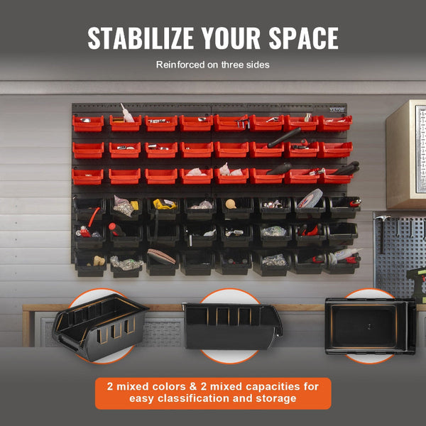 Wall Mounted Storage Bins 48 Parts Rack Organizer Garage Plastic Shop Tool With Panels For Nuts Bolts Screws Nails Beads Buttons Other Small Black And
