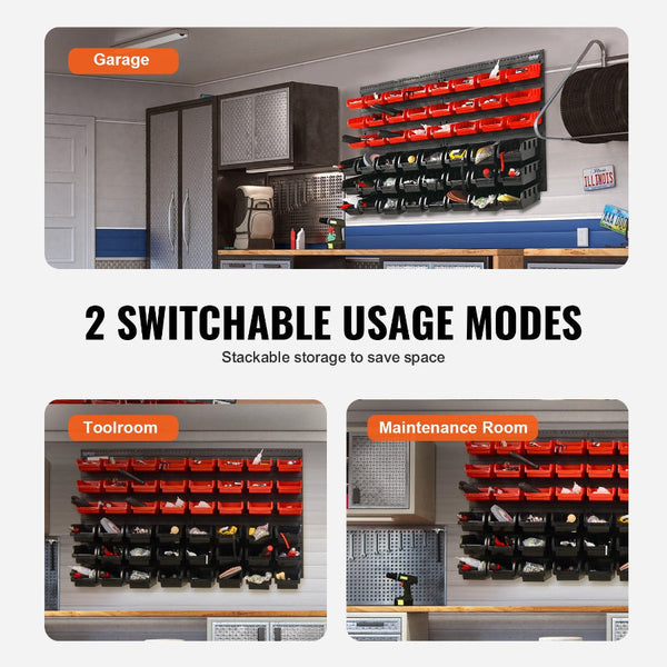 Wall Mounted Storage Bins 48 Parts Rack Organizer Garage Plastic Shop Tool With Panels For Nuts Bolts Screws Nails Beads Buttons Other Small Black And