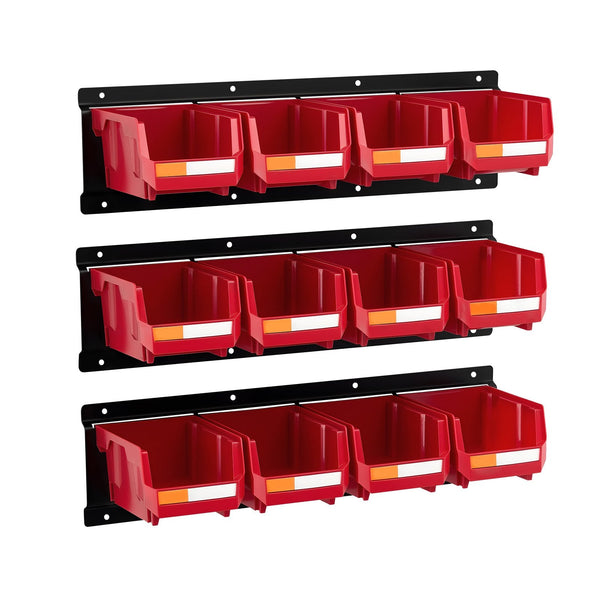 Wall Mounted Storage Bins 12 Plastic And 3 Metal Rails Hanging Stackable For Screws Nuts Bolts Nails Hardware Tool Organiser Workshop Craft Room Garag