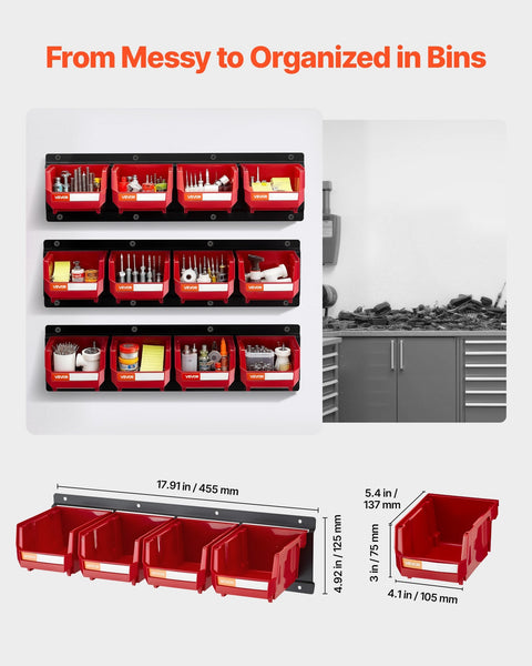 Wall Mounted Storage Bins 12 Plastic And 3 Metal Rails Hanging Stackable For Screws Nuts Bolts Nails Hardware Tool Organiser Workshop Craft Room Garag