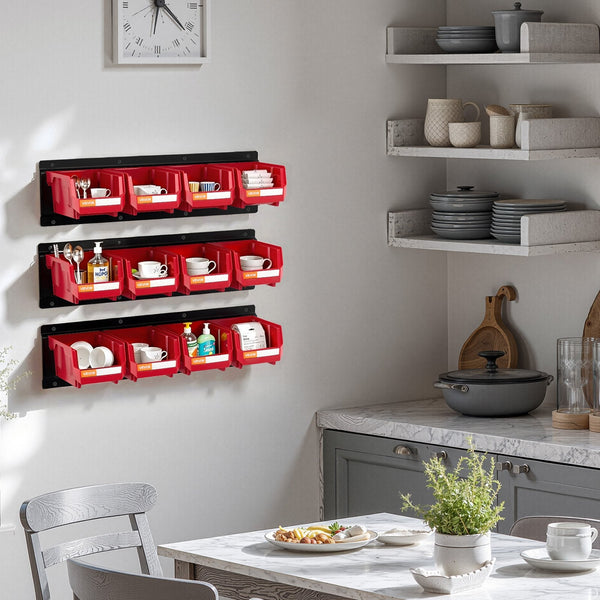 Wall Mounted Storage Bins 12 Plastic And 3 Metal Rails Hanging Stackable For Screws Nuts Bolts Nails Hardware Tool Organiser Workshop Craft Room Garag