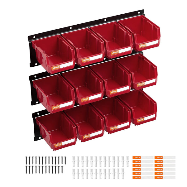 Wall Mounted Storage Bins 12 Plastic And 3 Metal Rails Hanging Stackable For Screws Nuts Bolts Nails Hardware Tool Organiser Workshop Craft Room Garag