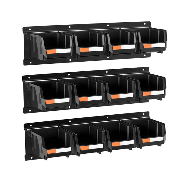 Wall Mounted Storage Bins 12 Plastic And 3 Metal Rails Hanging Stackable For Screws Nuts Bolts Nails Hardware Tool Organiser Workshop Craft Room Garag