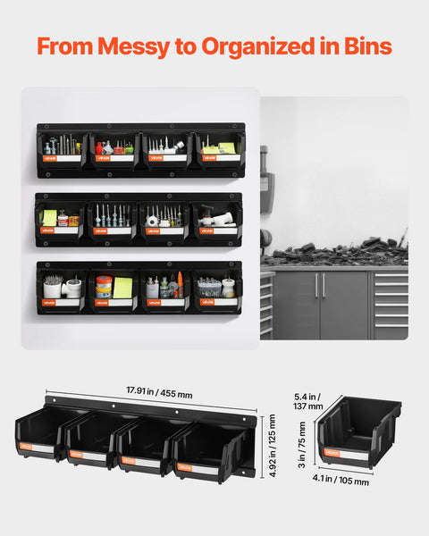 Wall Mounted Storage Bins 12 Plastic And 3 Metal Rails Hanging Stackable For Screws Nuts Bolts Nails Hardware Tool Organiser Workshop Craft Room Garag