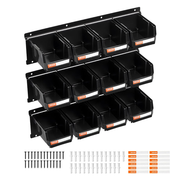 Wall Mounted Storage Bins 12 Plastic And 3 Metal Rails Hanging Stackable For Screws Nuts Bolts Nails Hardware Tool Organiser Workshop Craft Room Garag