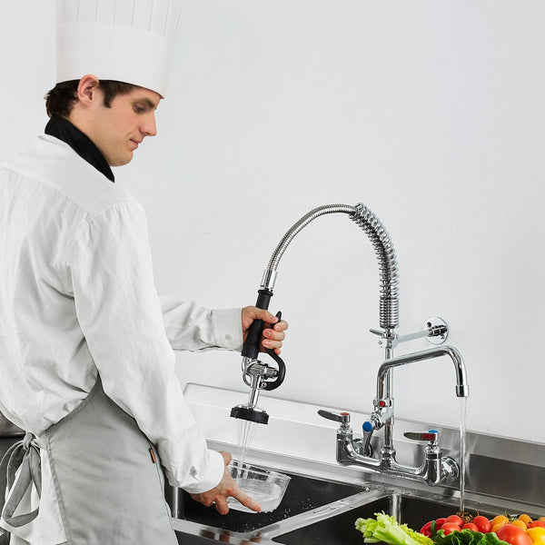 Vevor Commercial Faucet With Pre Rinse Sprayer 21" Height 8" Center 12" Swing Spout Wall Mount Kitchen Sink Brass Constructed Device Pull Down For 1/2