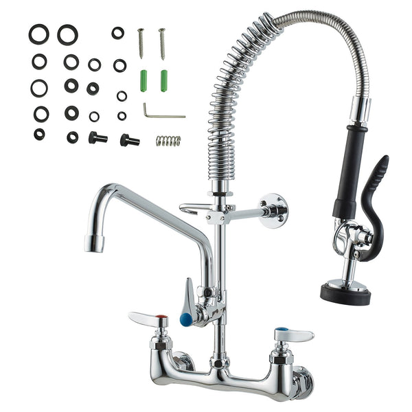 Vevor Commercial Faucet With Pre Rinse Sprayer 21" Height 8" Center 12" Swing Spout Wall Mount Kitchen Sink Brass Constructed Device Pull Down For 1/2