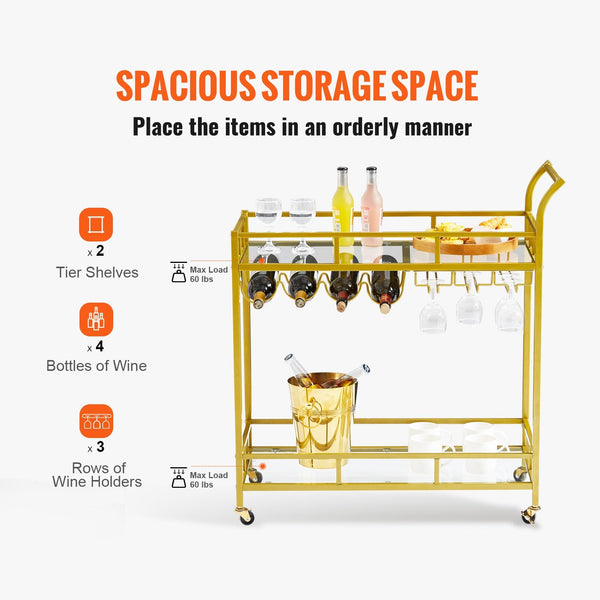 Vevor 2 Tiers Gold Metal Bar Serving Cart With Wine Rack Glass Holder 120 Lbs Kitchen Carts