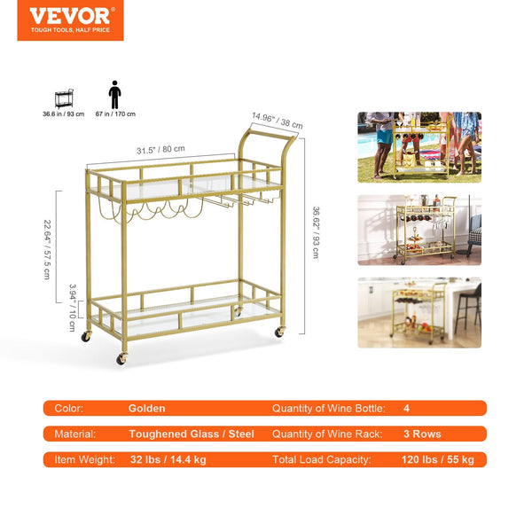 Vevor 2 Tiers Gold Metal Bar Serving Cart With Wine Rack Glass Holder 120 Lbs Kitchen Carts
