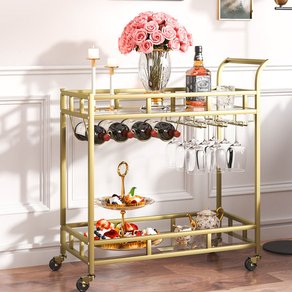 Vevor 2 Tiers Gold Metal Bar Serving Cart With Wine Rack Glass Holder 120 Lbs Kitchen Carts