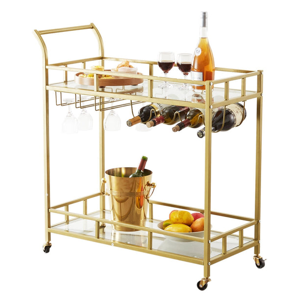 Vevor 2 Tiers Gold Metal Bar Serving Cart With Wine Rack Glass Holder 120 Lbs Kitchen Carts