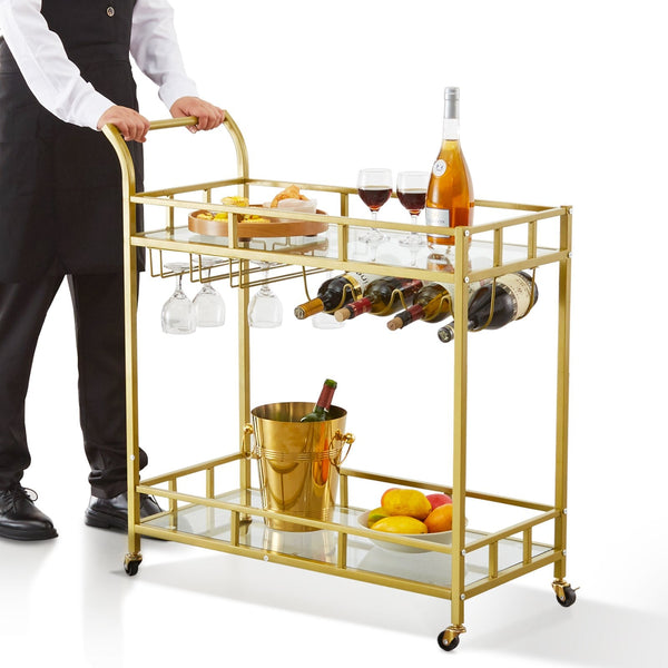 Vevor 2 Tiers Gold Metal Bar Serving Cart With Wine Rack Glass Holder 120 Lbs Kitchen Carts