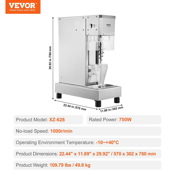 Ice Cream Blender 750W High Speed Maker Mixer Stir Machine 1740Rpm 304 Stainless Steel Shaker Long Handle + Pc Protective Shield Customizable With Any