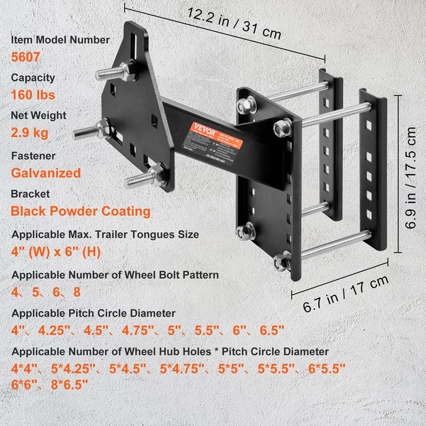 Vevor Spare Tire Carrier Trailer Mount 160 Lbs Capacity Utility Accessories Fits Most 4 & 5 8 Lugs Wheels On 4" 4.25" 4.5" 4.75" 5.5" 6" 6.5" Bolt Pat