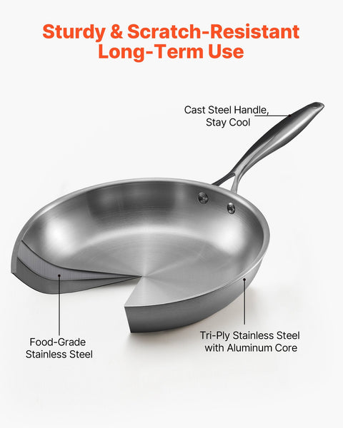Vevor Tri Ply Stainless Steel Frying Pan 3 Piece (240 280 320 Mm) Cooking Skillet With Heat Resistant Handle Chef's Kitchen Cookware Oven Gas Electric