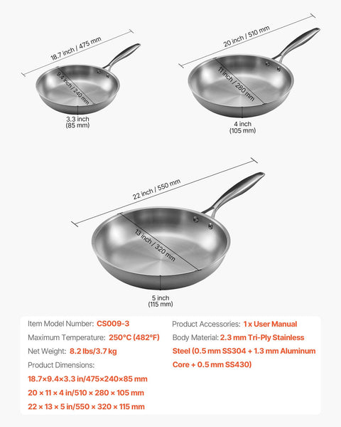 Vevor Tri Ply Stainless Steel Frying Pan 3 Piece (240 280 320 Mm) Cooking Skillet With Heat Resistant Handle Chef's Kitchen Cookware Oven Gas Electric