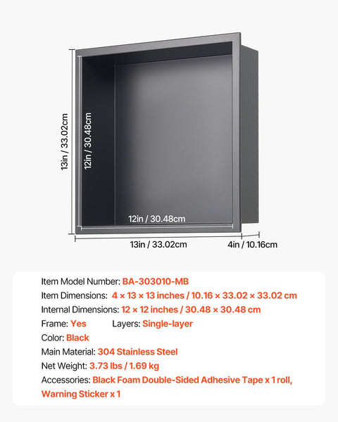 Vevor Shower Niche 33.0 X 10.2 Cm Recessed Wall Heavy Duty Stainless Steel Modern Soap & Shampoo Storage Organizer Sealed Waterproof Durable Easy To I