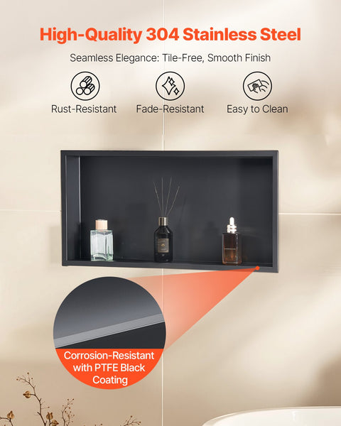 Vevor Shower Niche 33.0 X 63.5 10.2 Cm Recessed Wall Heavy Duty Stainless Steel Modern Soap & Shampoo Storage Organizer Sealed Waterproof Durable Easy