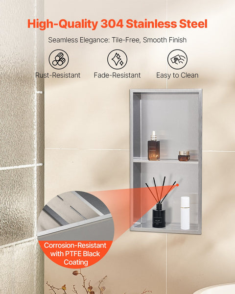 Vevor Shower Niche 33.0 X 63.5 10.2 Cm Recessed Wall Double Layer With Hollowed Out Divider Heavy Duty Stainless Steel Modern Shampoo Storage Organize