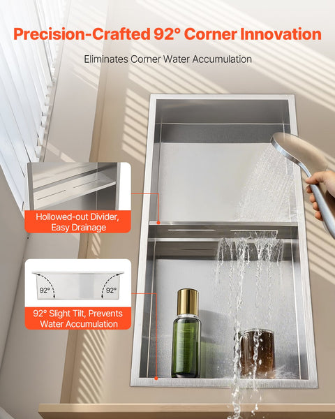 Vevor Shower Niche 33.0 X 63.5 10.2 Cm Recessed Wall Double Layer With Hollowed Out Divider Heavy Duty Stainless Steel Modern Shampoo Storage Organize