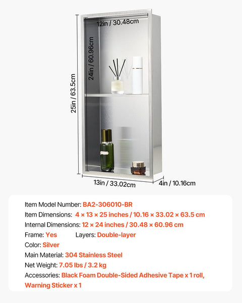 Vevor Shower Niche 33.0 X 63.5 10.2 Cm Recessed Wall Double Layer With Hollowed Out Divider Heavy Duty Stainless Steel Modern Shampoo Storage Organize