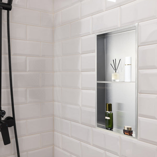 Vevor Shower Niche 33.0 X 63.5 10.2 Cm Recessed Wall Double Layer With Hollowed Out Divider Heavy Duty Stainless Steel Modern Shampoo Storage Organize