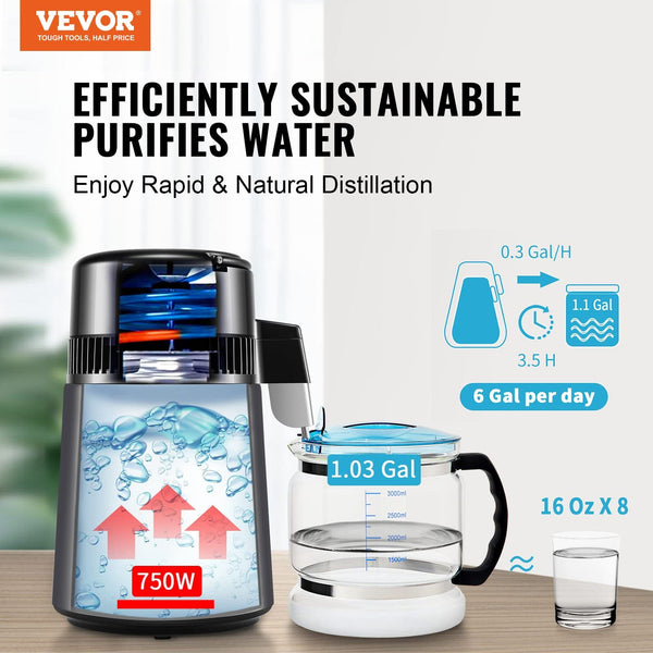 Water Distiller 4L 1.05 Gallon Pure Purifier Filter For Home Countertop 750W Distilled Maker Stainless Steel Interior Making Machine To Clean Gray Wat
