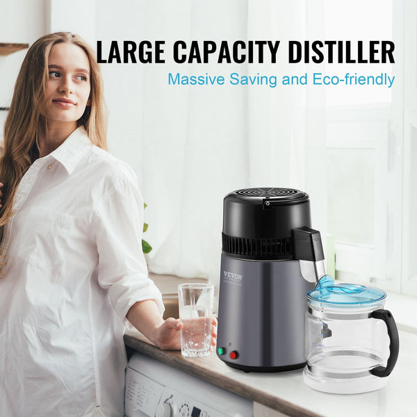 Water Distiller 4L 1.05 Gallon Pure Purifier Filter For Home Countertop 750W Distilled Maker Stainless Steel Interior Making Machine To Clean Gray Wat