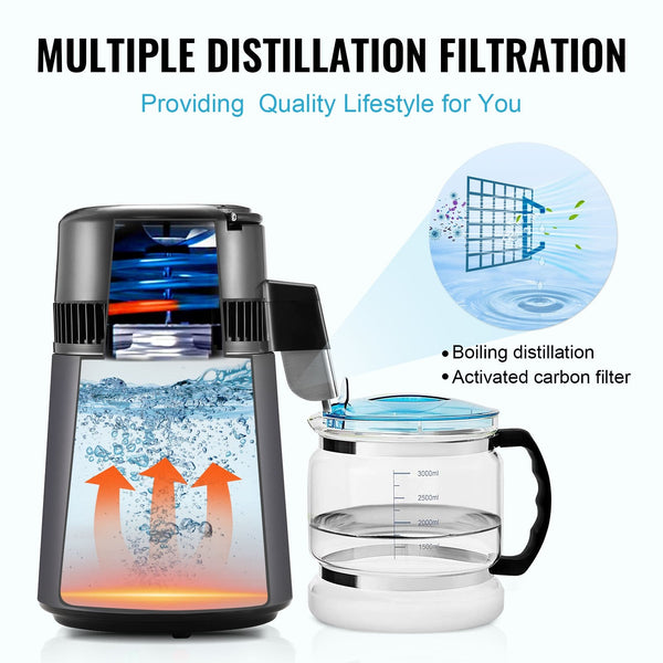 Water Distiller 4L 1.05 Gallon Pure Purifier Filter For Home Countertop 750W Distilled Maker Stainless Steel Interior Making Machine To Clean Gray Wat
