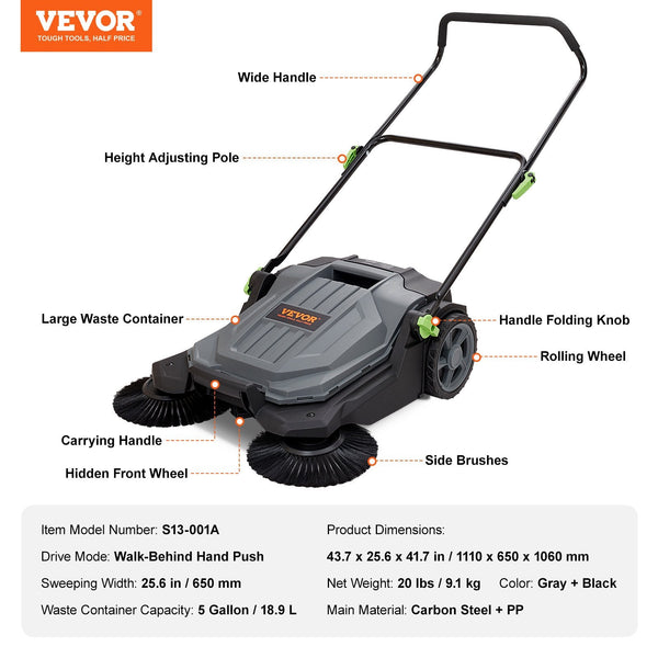 Vevor Walk Behind Hand Push Floor Sweeper 25.6" Width Gallon Waste Container Carpet & Floor Sweepers