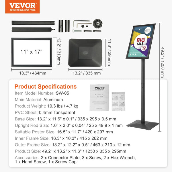 Pedestal Sign Holder Adjustable Poster Stand 11 X 17 Inch Metal Base Restaurant Signs