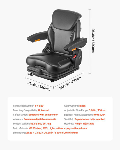 Universal Forklift Seat Tractor Suspension With Adjustable Back Armrest Headrest And Safety Belt Secure Fold Down Micro Switch Lawnmower Skid Loader B