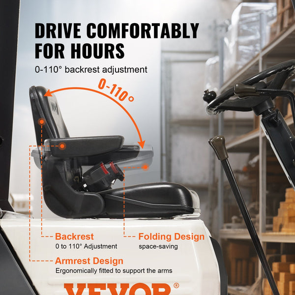 Vevor Universal Forklift Seat Fold Down Tractor With Adjustable Angle Back Micro Switch Seatbelt And Armrests 16 34 Cm Slot Loader Excavator Other Mat
