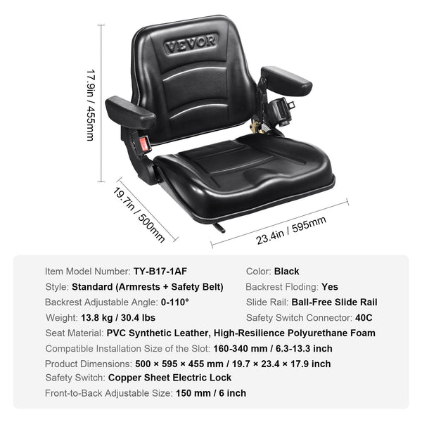 Vevor Universal Forklift Seat Fold Down Tractor With Adjustable Angle Back Micro Switch Seatbelt And Armrests 16 34 Cm Slot Loader Excavator Other Mat