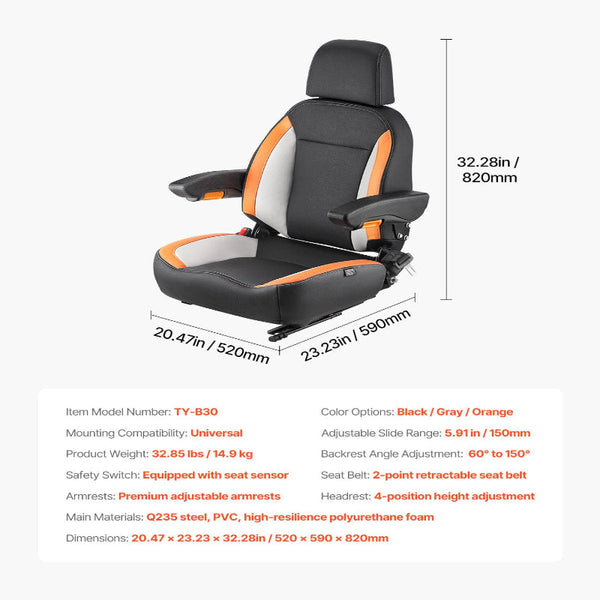 Vevor Forklift Seat Mower Tractor Adjustable Back Seatbelt & Headrest Other Material Handling