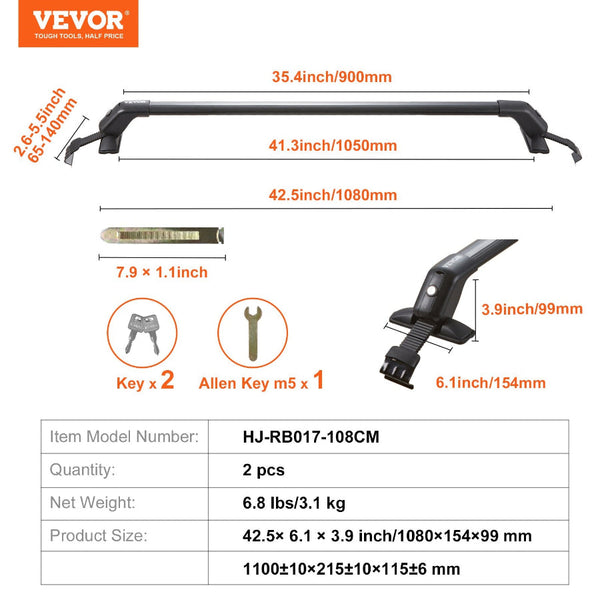 Vevor Universal Roof Rack Crossbar For Naked Vehicle Aluminum With Lock Roof Racks