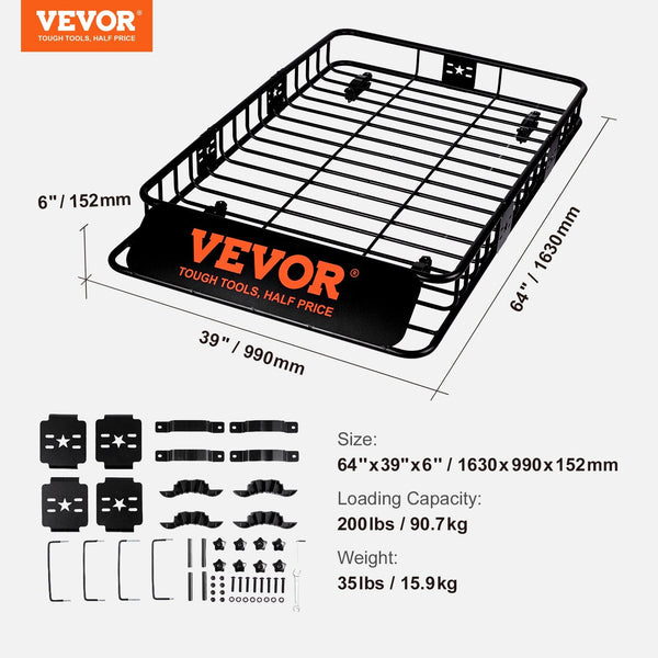 Vevor Roof Rack Cargo Basket 200 Lbs Capacity Extension 64"X39"X6" For Suv Truck Roof Racks