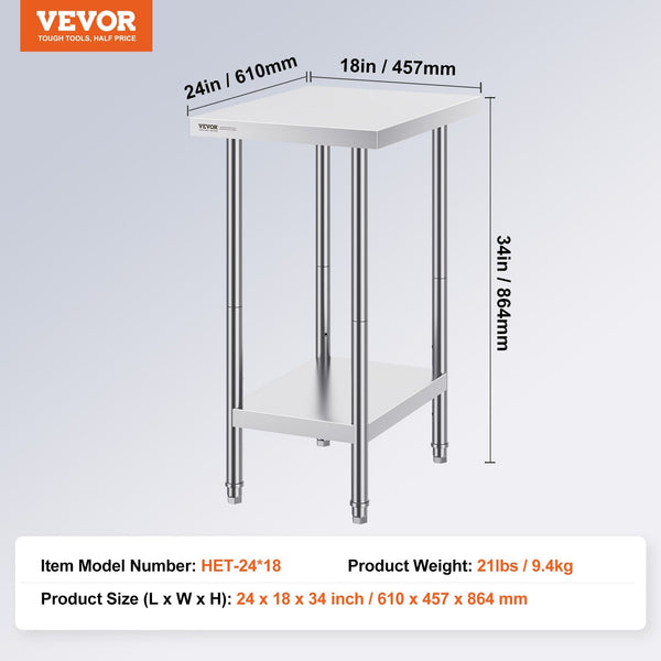 Stainless Steel Prep Table 24 X 18 34 Inch Heavy Duty Metal Worktable With Adjustable Height Levels Commercial Workstation For Kitchen Garage Restaura