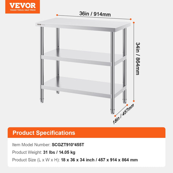 Stainless Steel Food Prep Table 18 X 36 34 Inch Commercial Kitchen Worktable With 2 Adjustable Undershelf Heavy Duty Metal For Bbq Home And Garage Tab