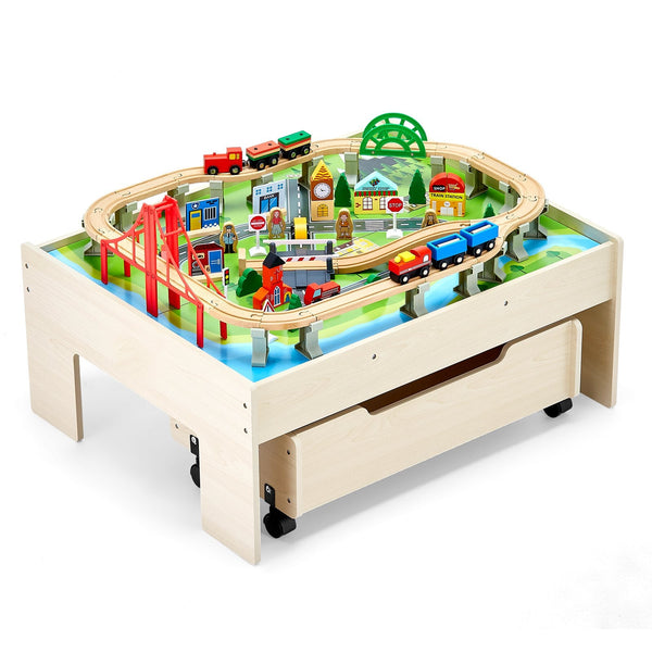 Vevor Train Table 100 Pcs Wooden Kids Activity With Rolling Storage Drawer Kids Play Table & Chair Sets