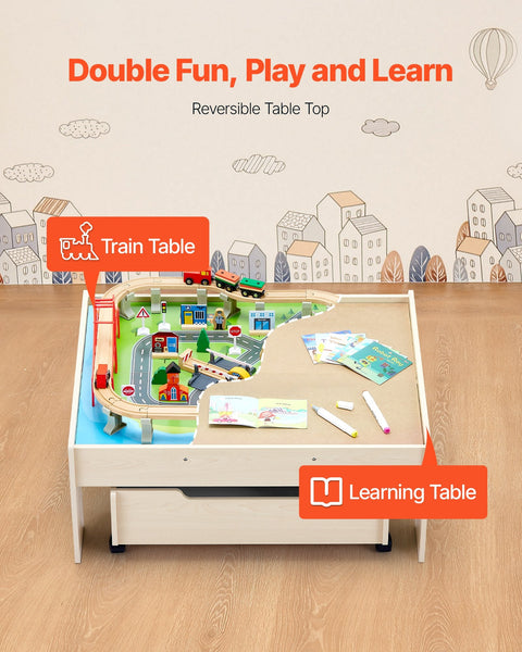 Vevor Train Table 100 Pcs Wooden Kids Activity With Rolling Storage Drawer Kids Play Table & Chair Sets