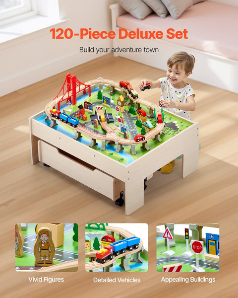 Vevor Train Table 100 Pcs Wooden Kids Activity With Rolling Storage Drawer Kids Play Table & Chair Sets