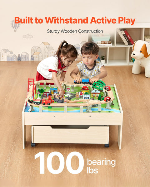 Vevor Train Table 100 Pcs Wooden Kids Activity With Rolling Storage Drawer Kids Play Table & Chair Sets