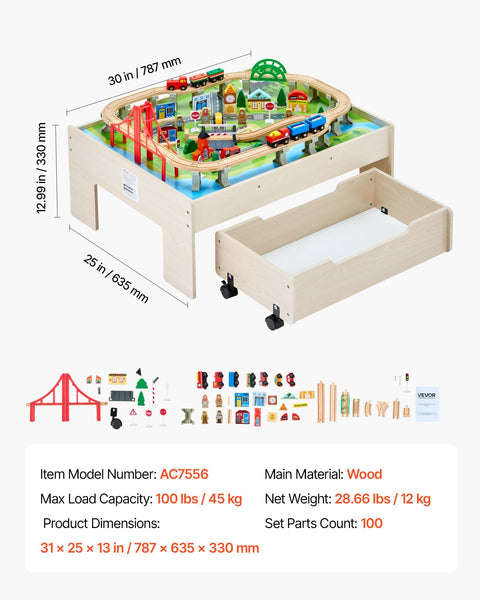 Vevor Train Table 100 Pcs Wooden Kids Activity With Rolling Storage Drawer Kids Play Table & Chair Sets